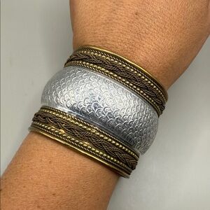 Vintage Silver Gold Tone Textured Large Cuff Bangle Statement Bracelet